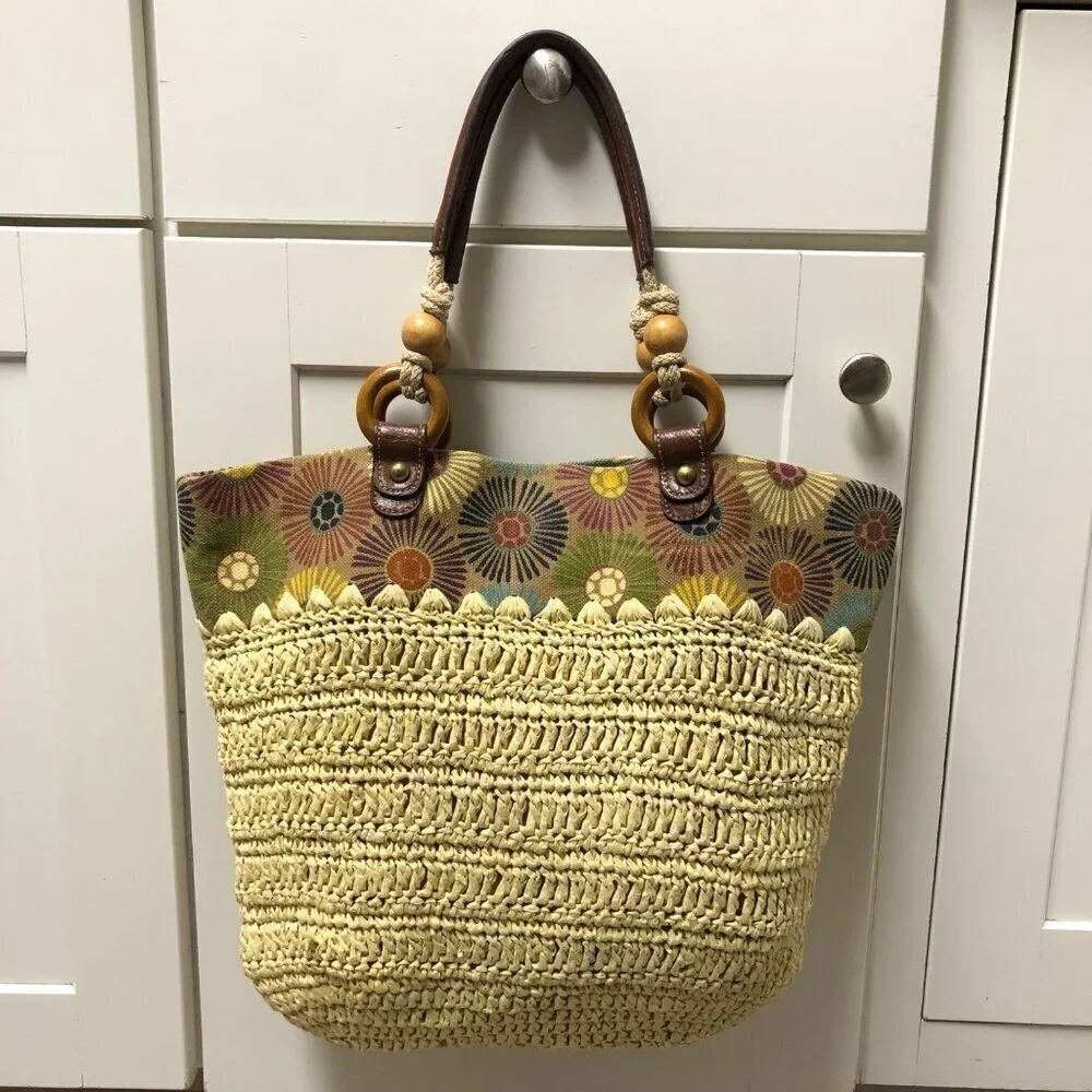 Fossil Straw Purse Shoulder Tote Bag Floral Woven Jute Handbag Boho Slouchy Hobo